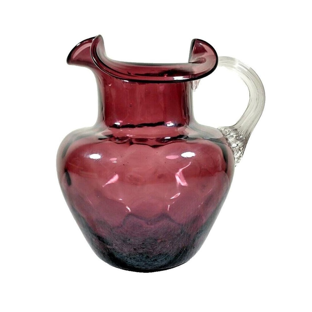Vintage 4.5" Amethyst Hand Blown Art Glass Pitcher Bud Vase Applied Clear Handle